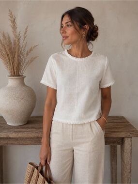 Everly White Short-Sleeve Frayed-Trim Linen Top